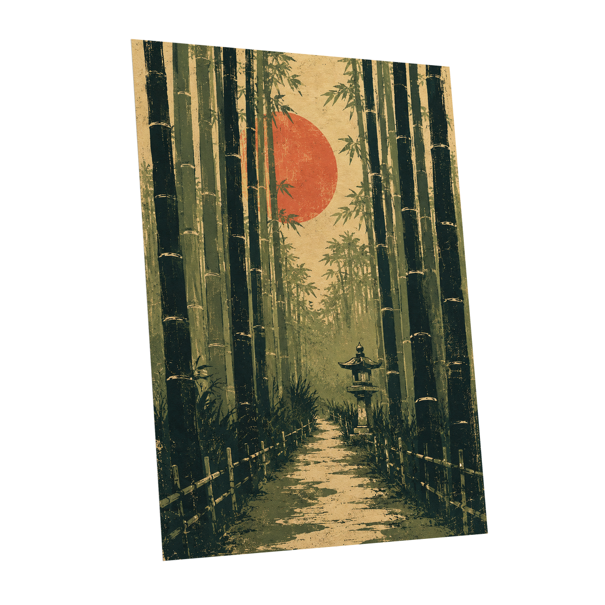 Bamboo Sun Passage, green, beige, orange nature wall art shown as a unframed poster wall art print