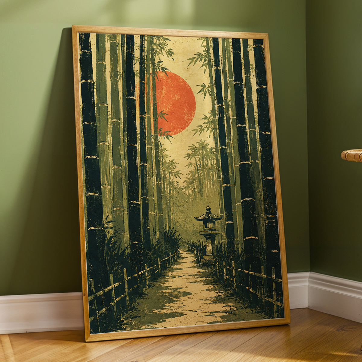 Bamboo Sun Passage, green, beige, orange nature wall art displayed in a styled interior, gallery view 2