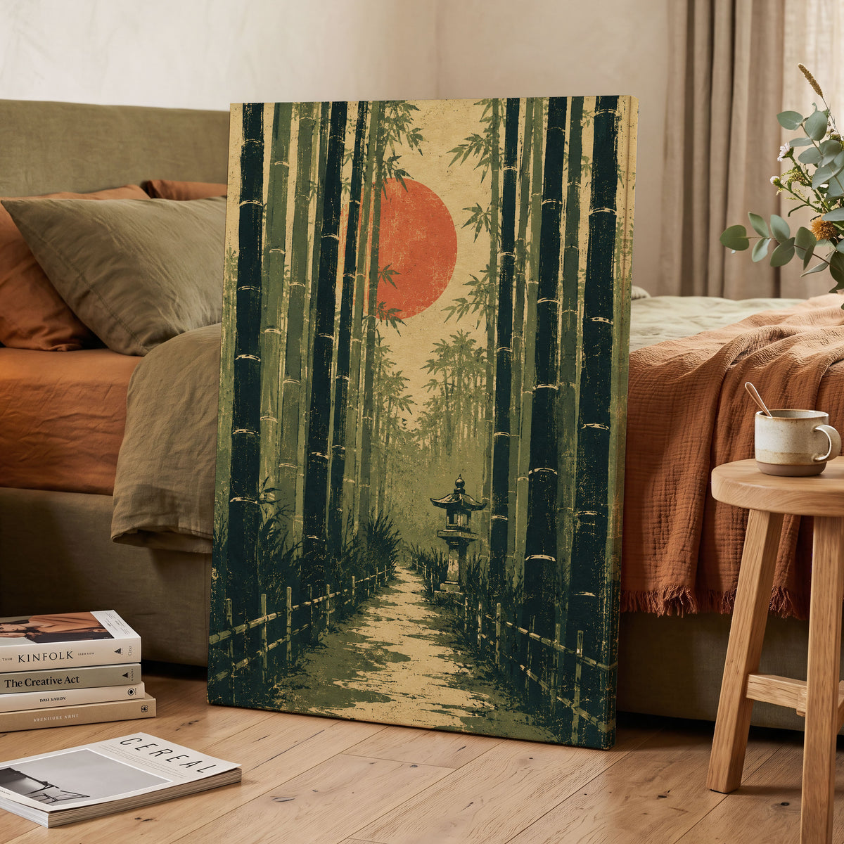 Bamboo Sun Passage, green, beige, orange nature wall art displayed in a styled interior, gallery view 3