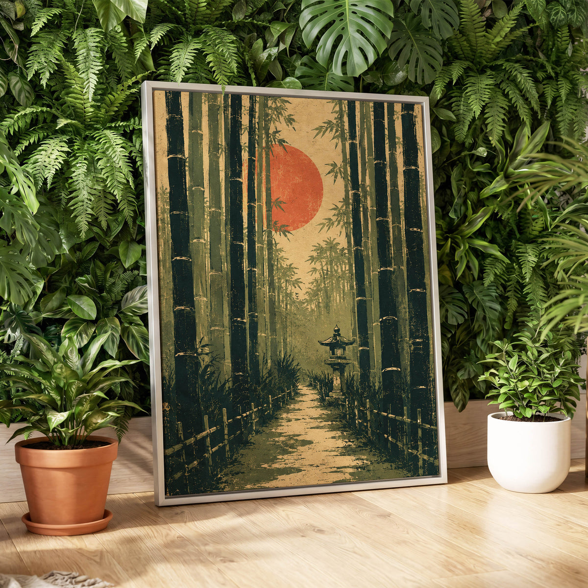 Bamboo Sun Passage, green, beige, orange nature wall art displayed in a styled interior, gallery view 4