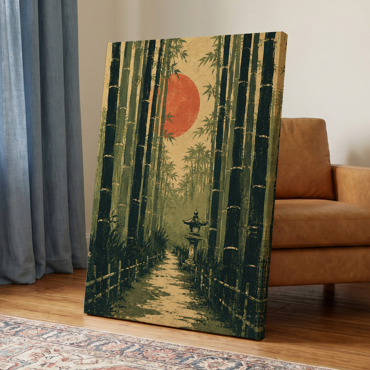 Bamboo Sun Passage, green, beige, orange nature wall art displayed in a styled interior, gallery view 7