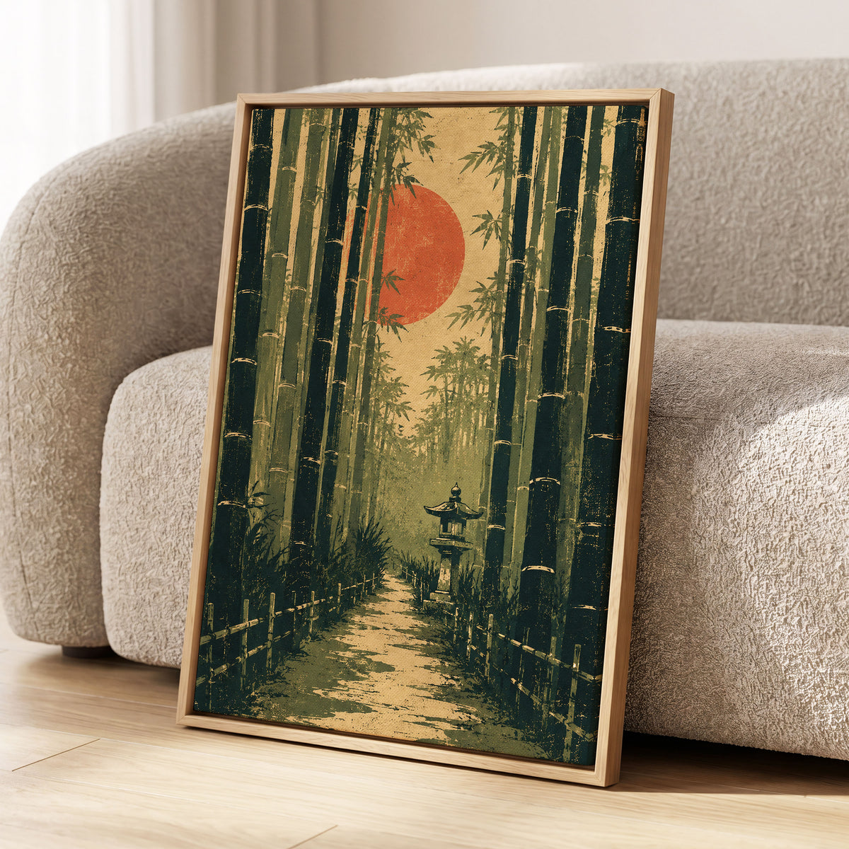 Bamboo Sun Passage, green, beige, orange nature wall art displayed in a styled interior, gallery view 8