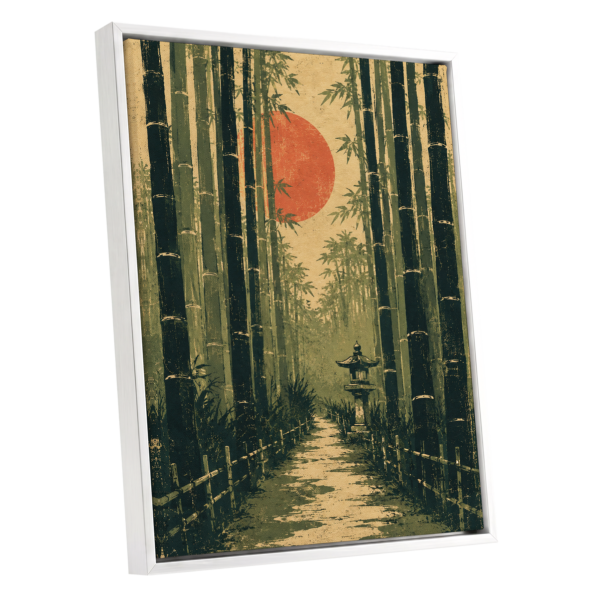 Bamboo Sun Passage, green, beige, orange nature wall art shown as a white framed canvas wall art
