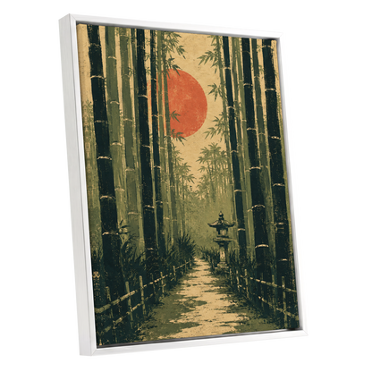 Bamboo Sun Passage, green, beige, orange nature wall art shown as a white framed canvas wall art