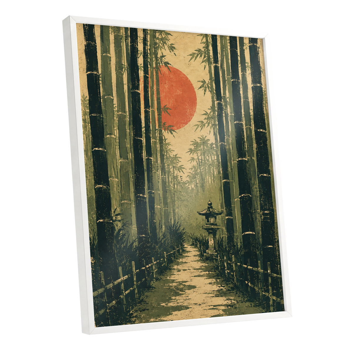 Bamboo Sun Passage, green, beige, orange nature wall art shown as a white framed poster wall art print