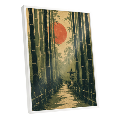 Bamboo Sun Passage, green, beige, orange nature wall art shown as a white framed poster wall art print