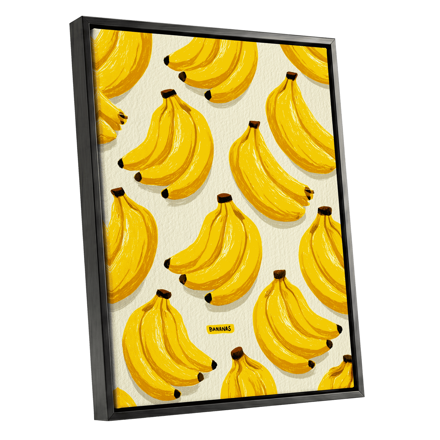 Banana Bunch Parade, yellow, beige, brown nature wall art shown as a black framed canvas wall art