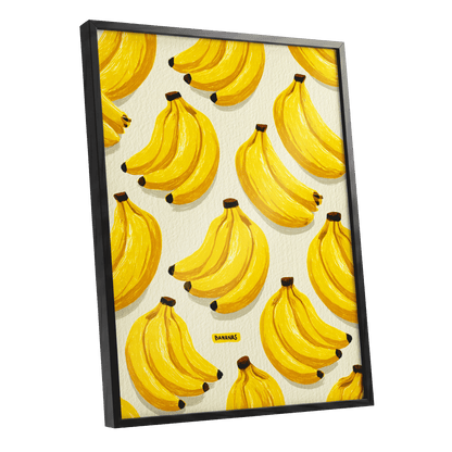 Banana Bunch Parade, yellow, beige, brown nature wall art shown as a black framed poster wall art print