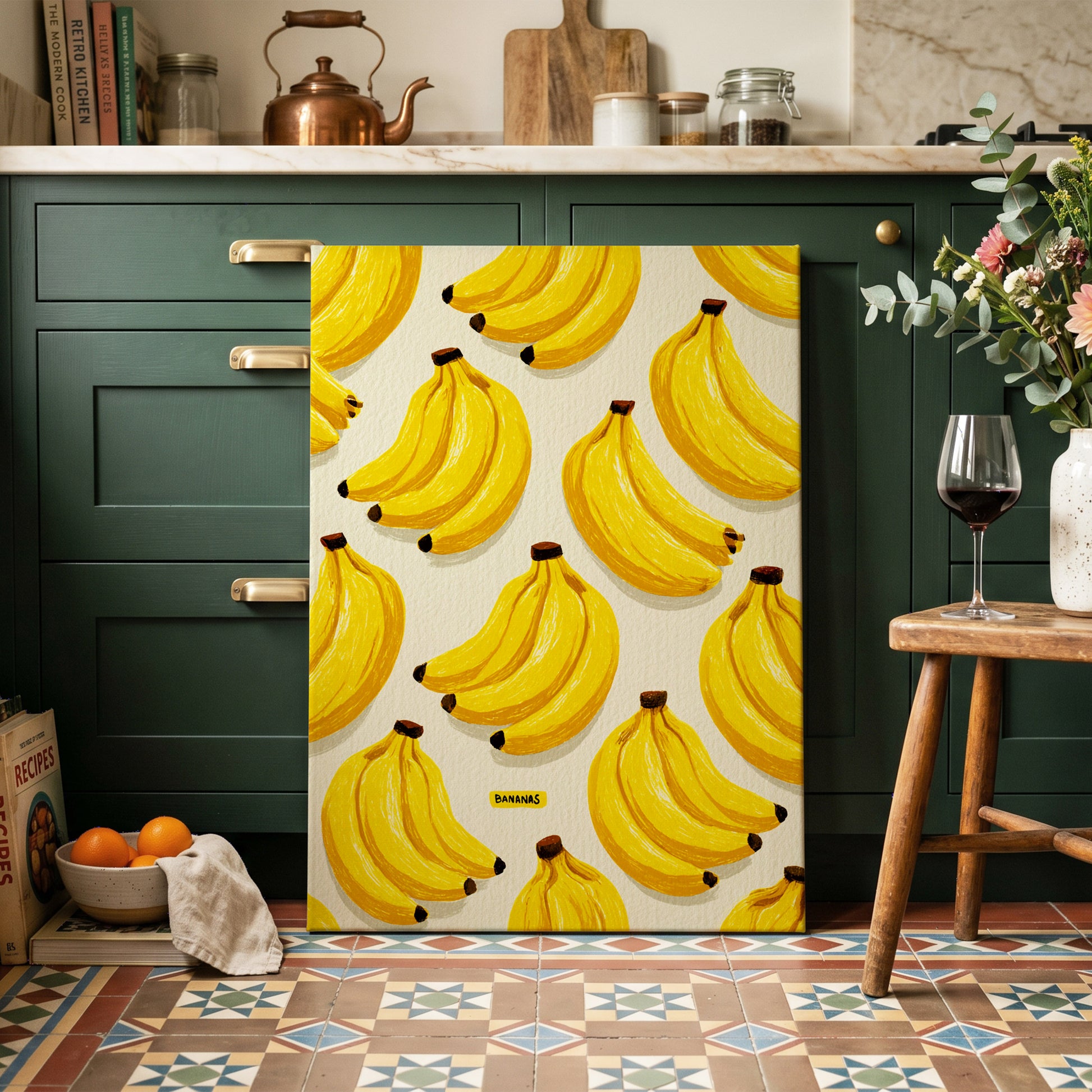 Banana Bunch Parade, yellow, beige, brown nature wall art on canvas displayed in a styled interior, gallery view 1