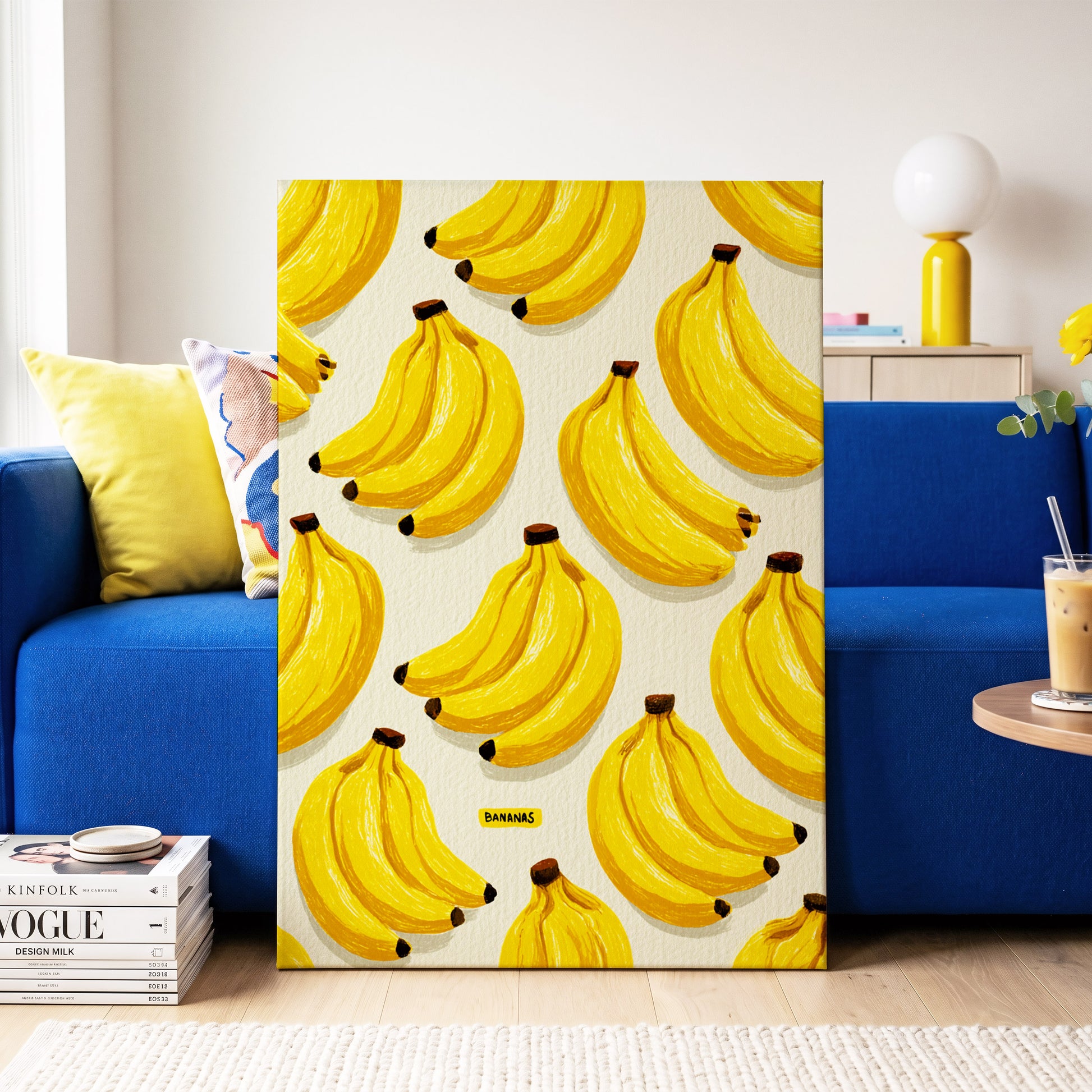 Banana Bunch Parade, yellow, beige, brown nature wall art on canvas displayed in a styled interior, gallery view 2