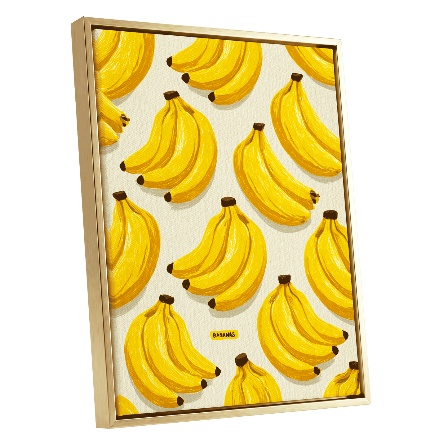 Banana Bunch Parade, yellow, beige, brown nature wall art shown as a gold framed canvas wall art