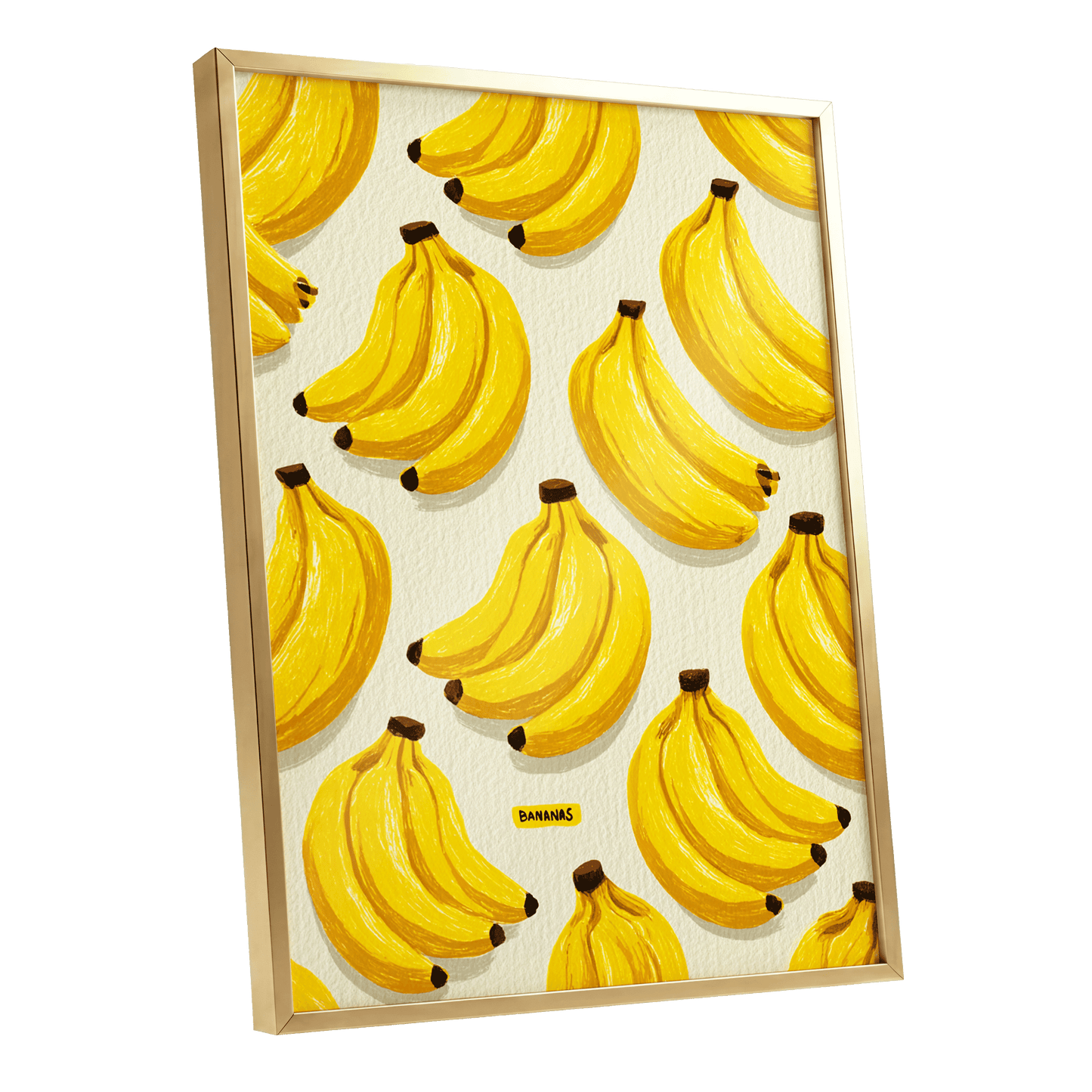 Banana Bunch Parade, yellow, beige, brown nature wall art shown as a gold framed poster wall art print