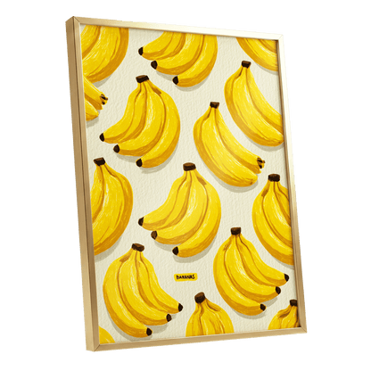 Banana Bunch Parade, yellow, beige, brown nature wall art shown as a gold framed poster wall art print