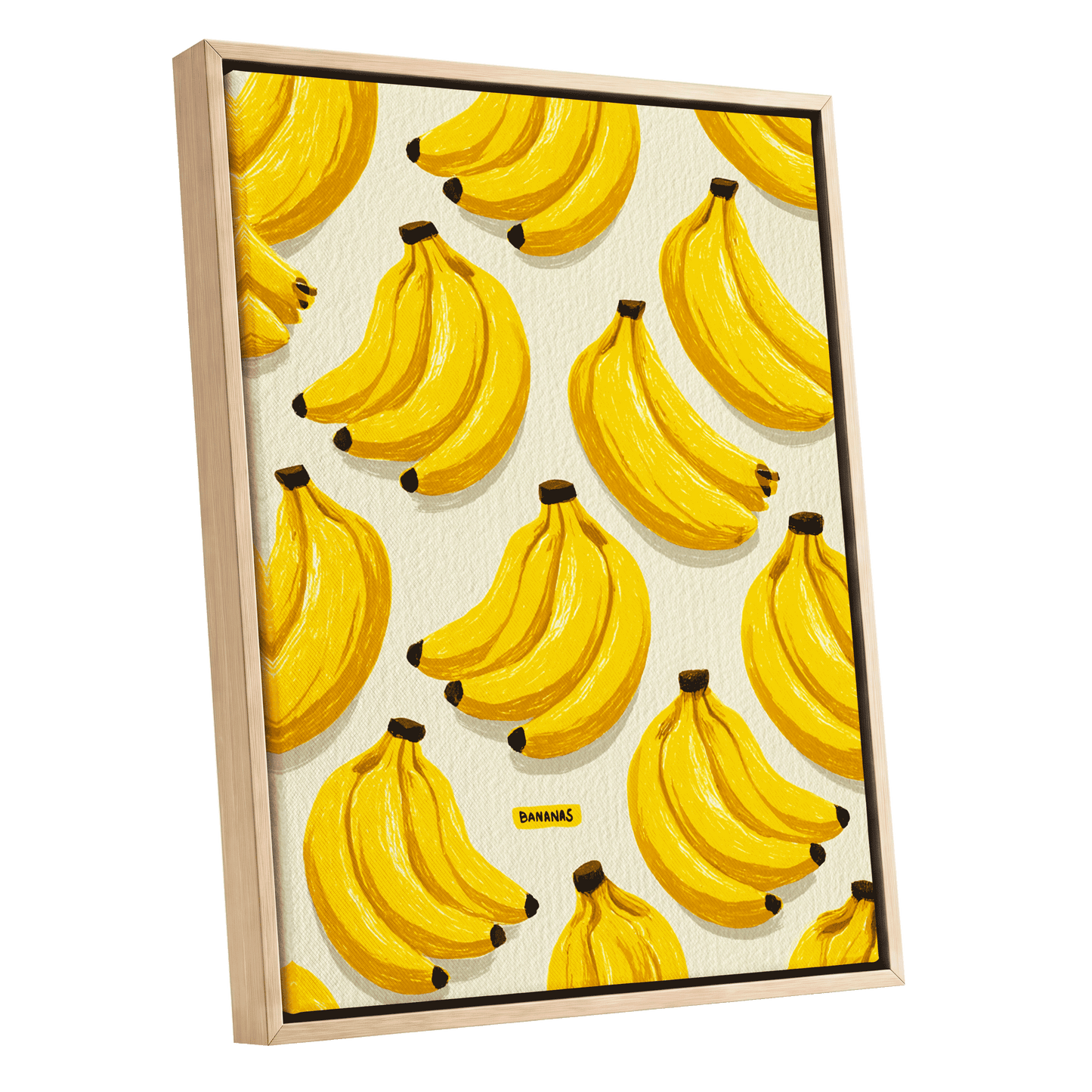 Banana Bunch Parade, yellow, beige, brown nature wall art shown as a oak framed canvas wall art