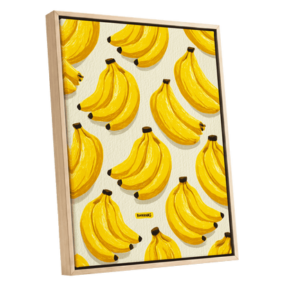 Banana Bunch Parade, yellow, beige, brown nature wall art shown as a oak framed canvas wall art