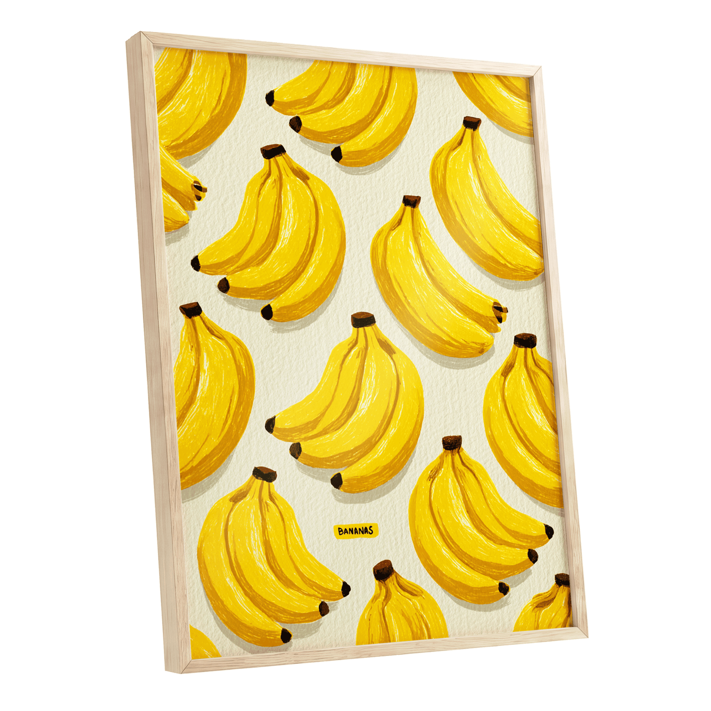 Banana Bunch Parade, yellow, beige, brown nature wall art shown as a oak framed poster wall art print