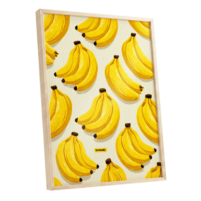 Banana Bunch Parade, yellow, beige, brown nature wall art shown as a oak framed poster wall art print