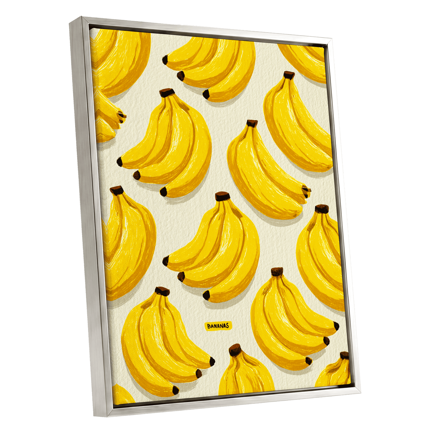 Banana Bunch Parade, yellow, beige, brown nature wall art shown as a silver framed canvas wall art
