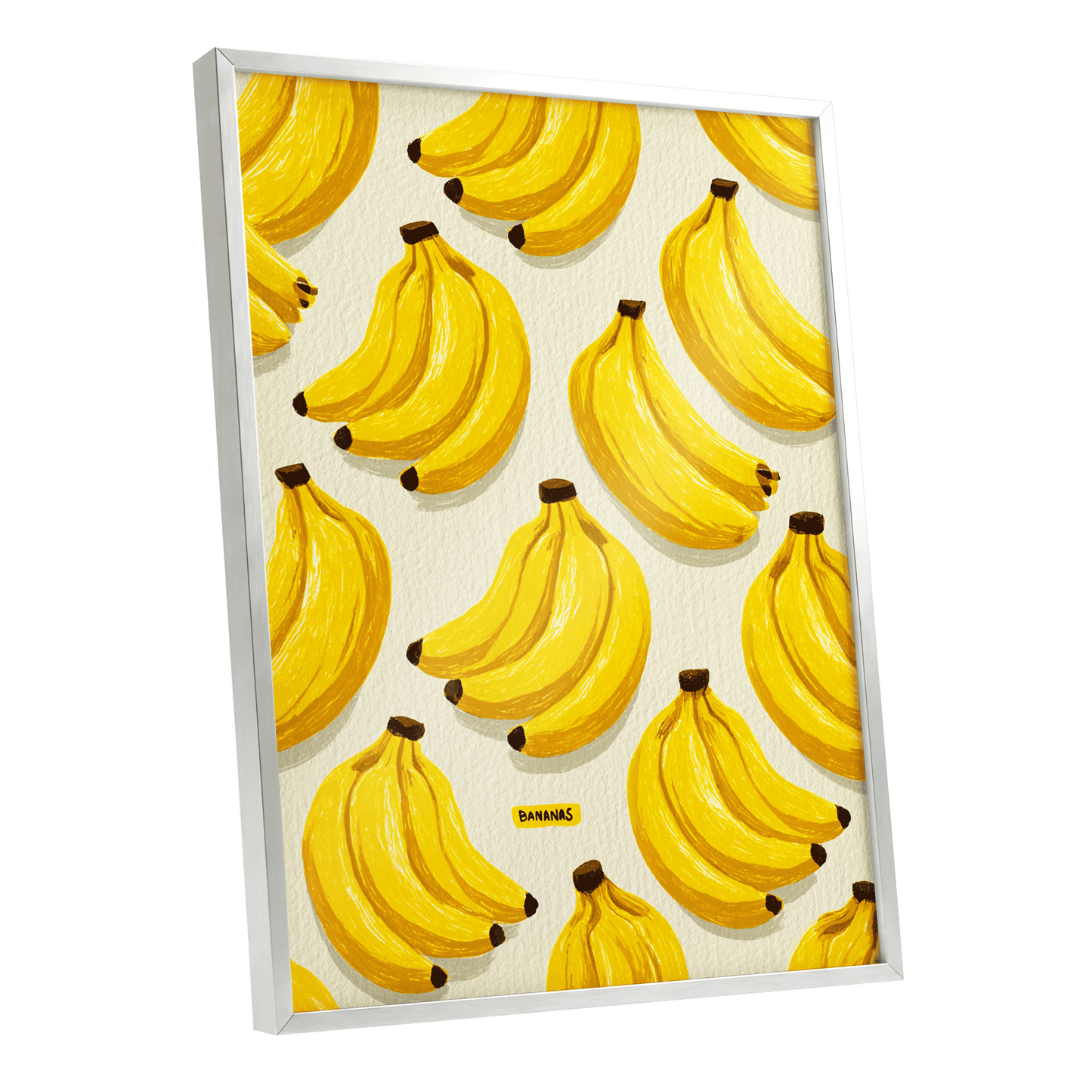 Banana Bunch Parade, yellow, beige, brown nature wall art shown as a silver framed poster wall art print