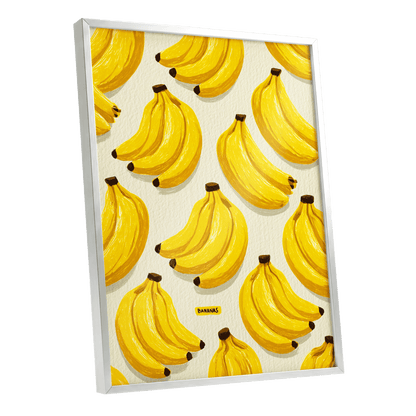 Banana Bunch Parade, yellow, beige, brown nature wall art shown as a silver framed poster wall art print