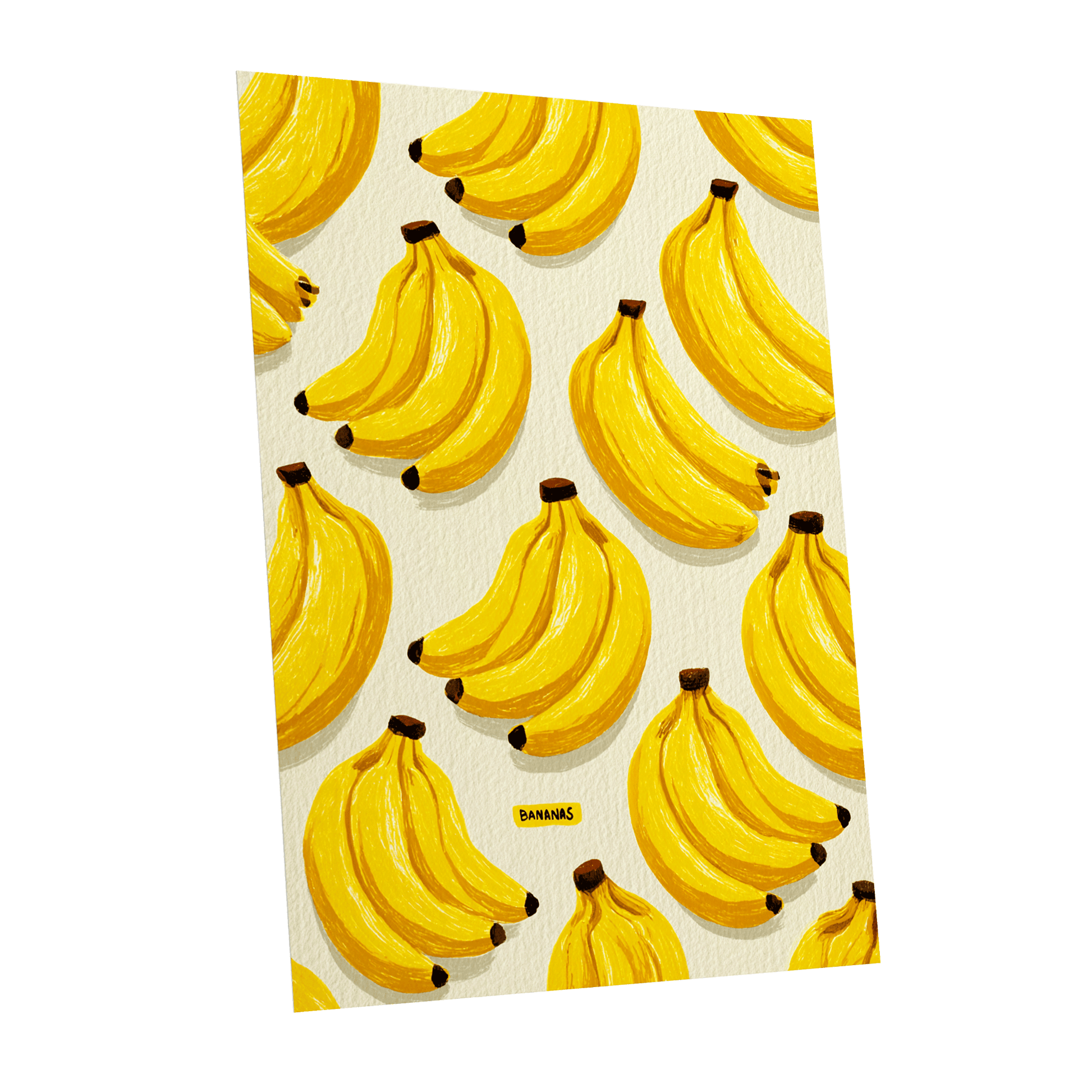 Banana Bunch Parade, yellow, beige, brown nature wall art shown as a unframed poster wall art print