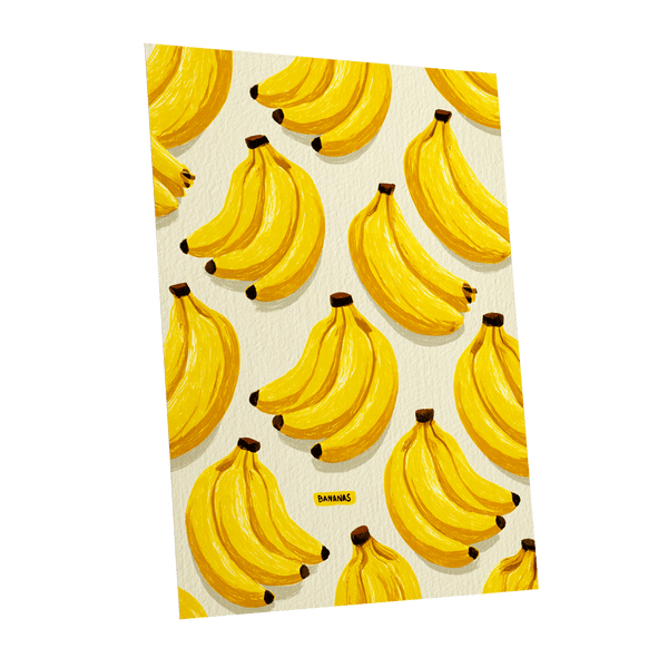 Banana Bunch Parade, yellow, beige, brown nature wall art shown as a unframed poster wall art print
