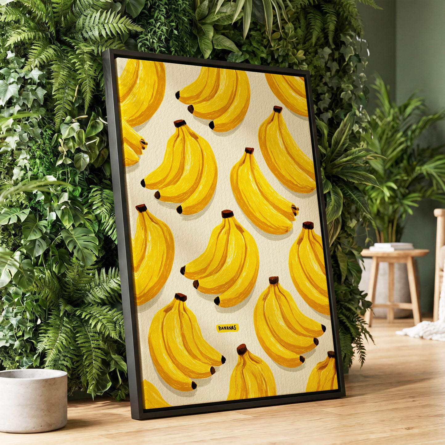Banana Bunch Parade, yellow, beige, brown nature wall art displayed in a styled interior, gallery view 1