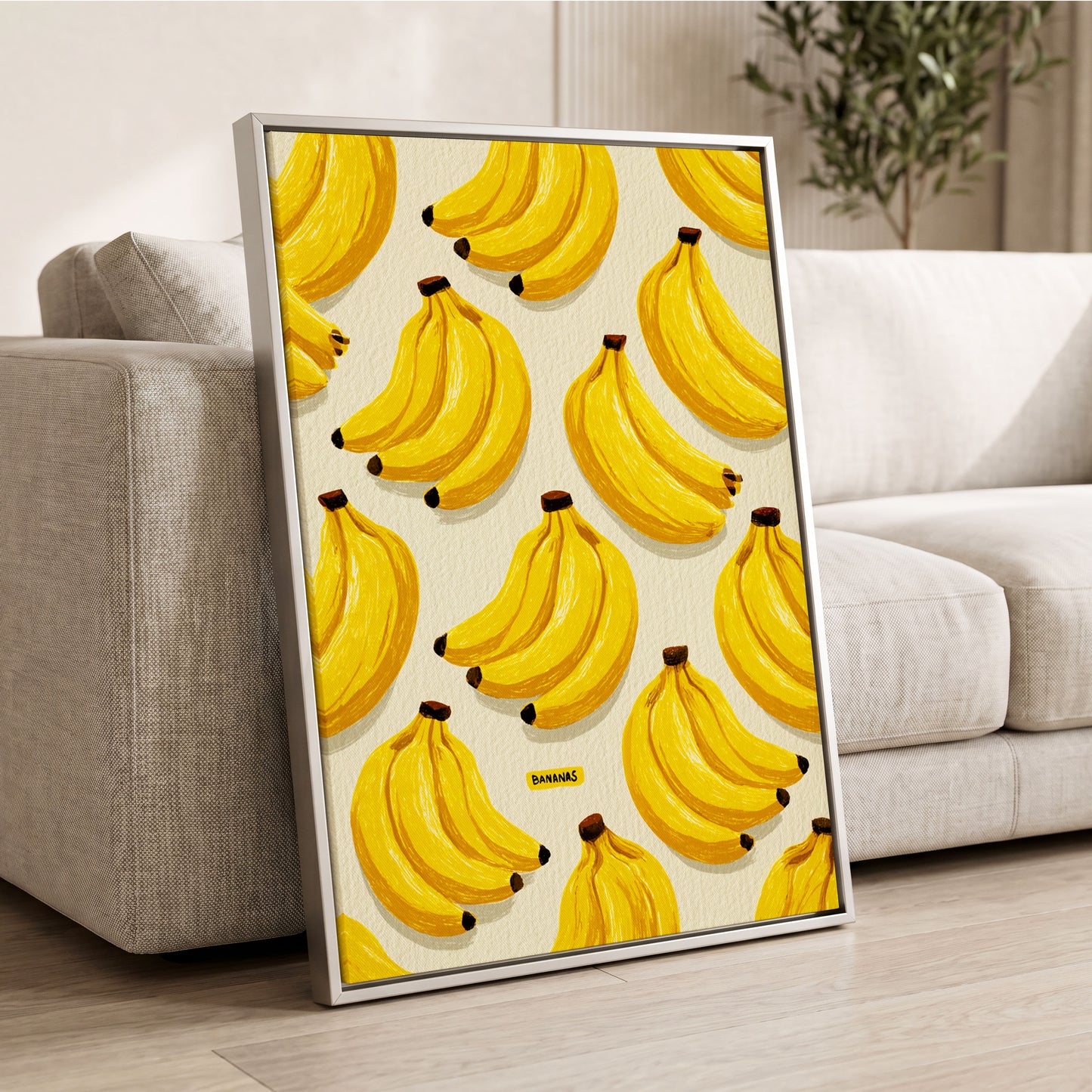 Banana Bunch Parade, yellow, beige, brown nature wall art displayed in a styled interior, gallery view 2