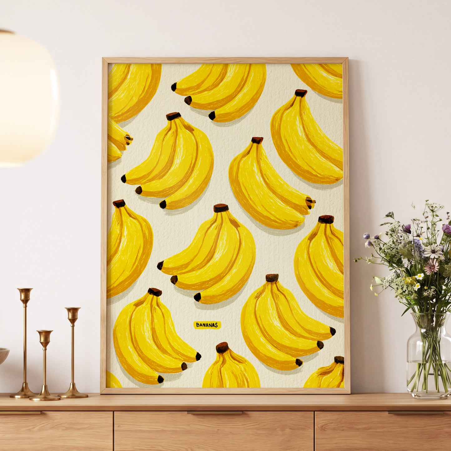 Banana Bunch Parade, yellow, beige, brown nature wall art displayed in a styled interior, gallery view 5