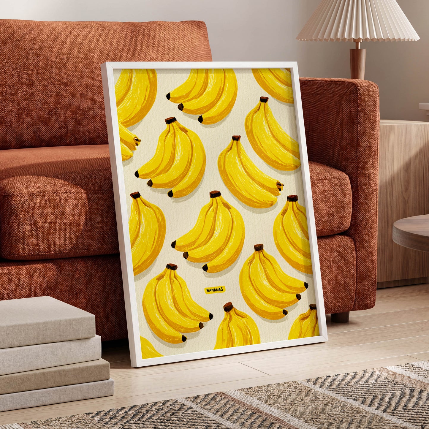 Banana Bunch Parade, yellow, beige, brown nature wall art displayed in a styled interior, gallery view 6