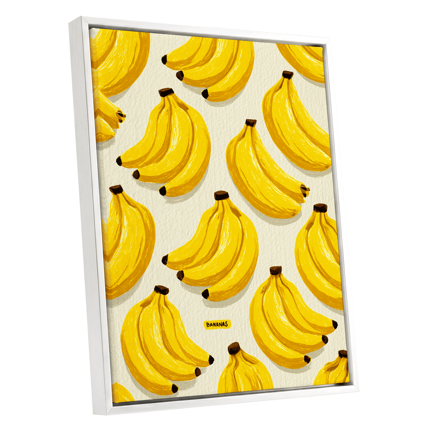 Banana Bunch Parade, yellow, beige, brown nature wall art shown as a white framed canvas wall art