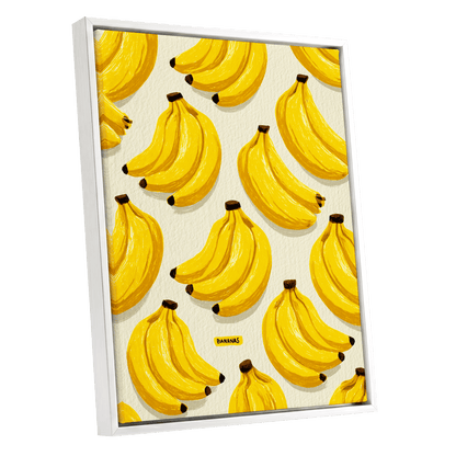 Banana Bunch Parade, yellow, beige, brown nature wall art shown as a white framed canvas wall art