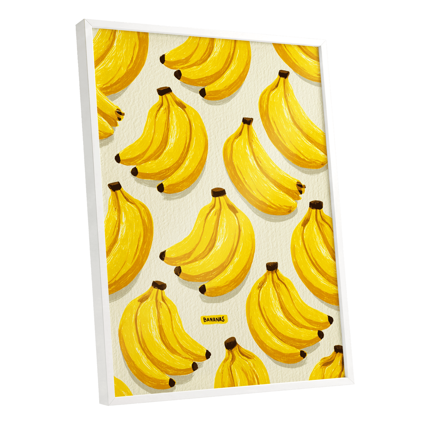 Banana Bunch Parade, yellow, beige, brown nature wall art shown as a white framed poster wall art print