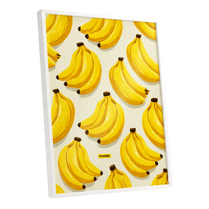Banana Bunch Parade, yellow, beige, brown nature wall art shown as a white framed poster wall art print