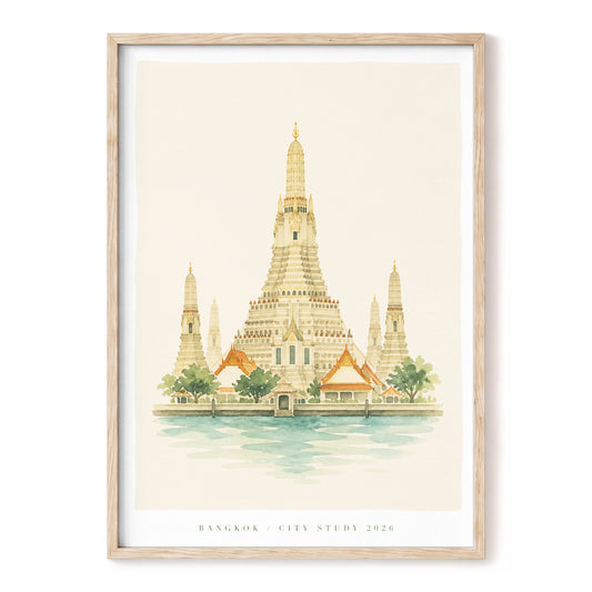 Bangkok Spires, beige, green, orange minimalist wall art, front artwork view