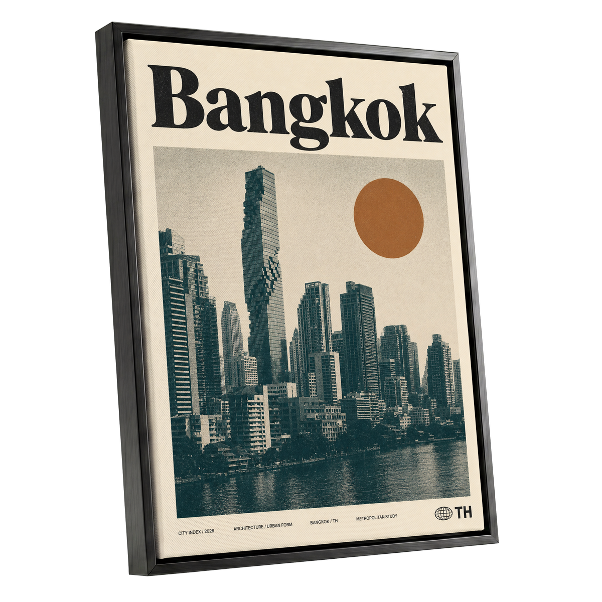 Bangkok Urban Sun, beige, black, brown minimalist wall art shown as a black framed canvas wall art