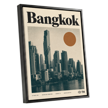 Bangkok Urban Sun, beige, black, brown minimalist wall art shown as a black framed canvas wall art