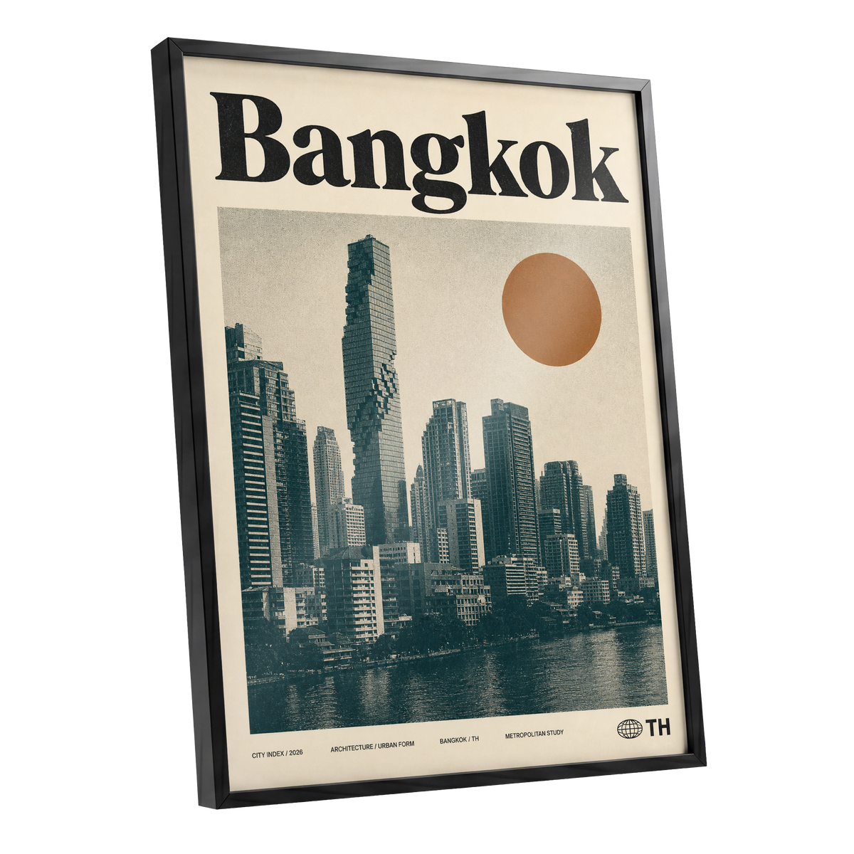 Bangkok Urban Sun, beige, black, brown minimalist wall art shown as a black framed poster wall art print