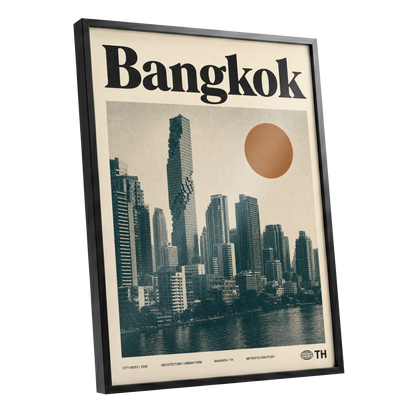 Bangkok Urban Sun, beige, black, brown minimalist wall art shown as a black framed poster wall art print