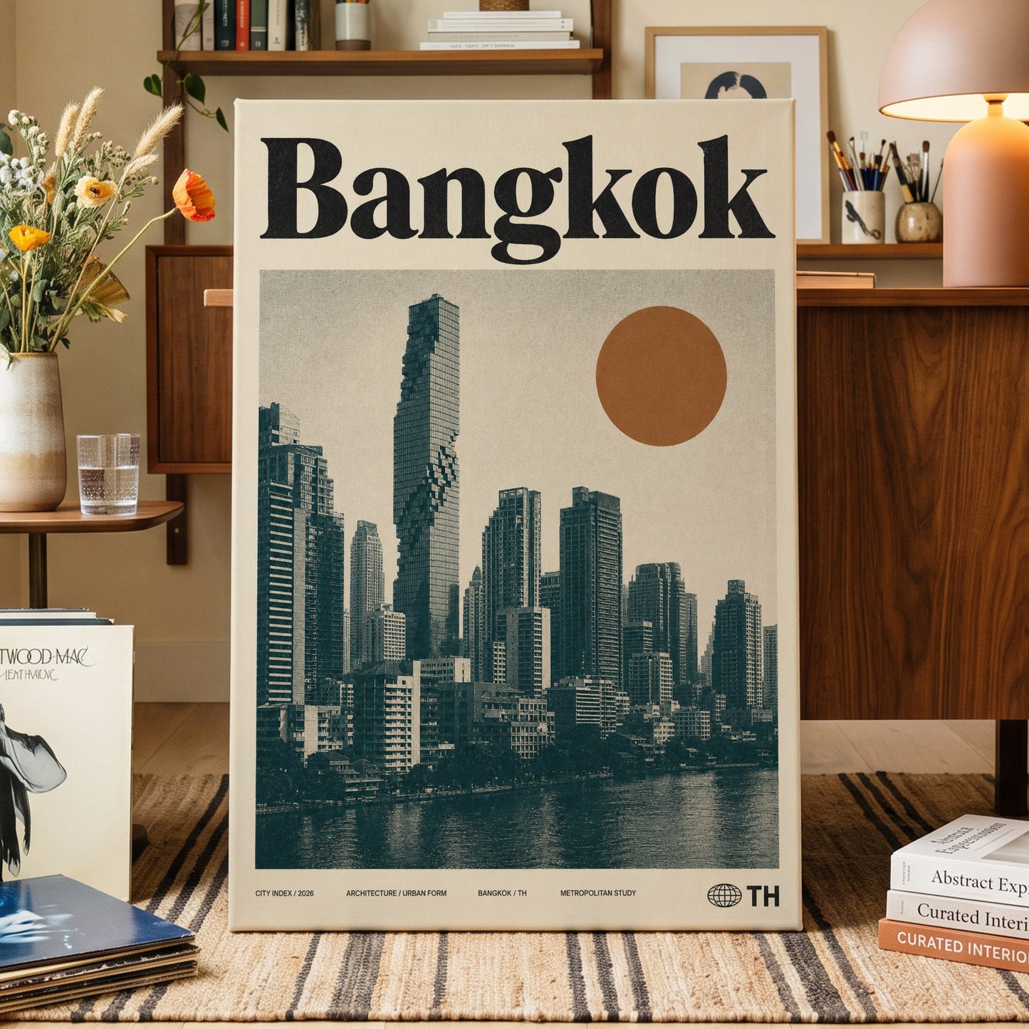 Bangkok Urban Sun, beige, black, brown minimalist wall art on canvas displayed in a styled interior, gallery view 1