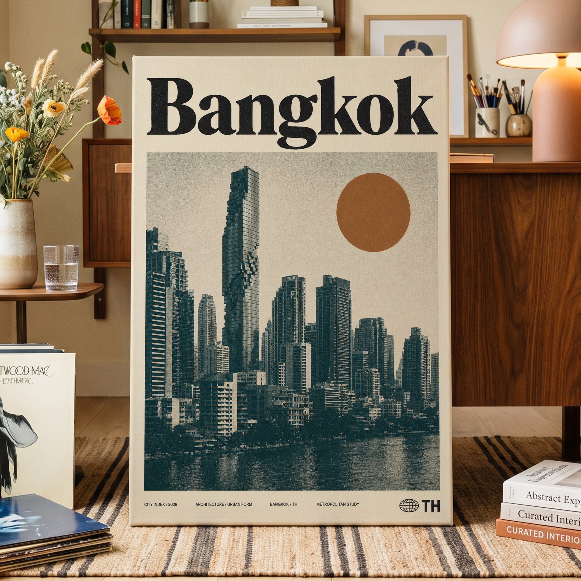 Bangkok Urban Sun, beige, black, brown minimalist wall art on canvas displayed in a styled interior, gallery view 1