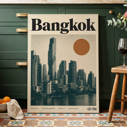 Bangkok Urban Sun, beige, black, brown minimalist wall art on canvas displayed in a styled interior, gallery view 2