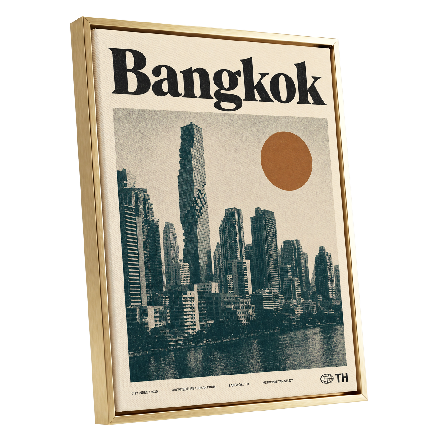 Bangkok Urban Sun, beige, black, brown minimalist wall art shown as a gold framed canvas wall art