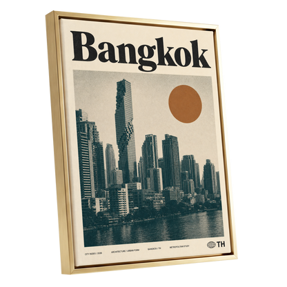 Bangkok Urban Sun, beige, black, brown minimalist wall art shown as a gold framed canvas wall art