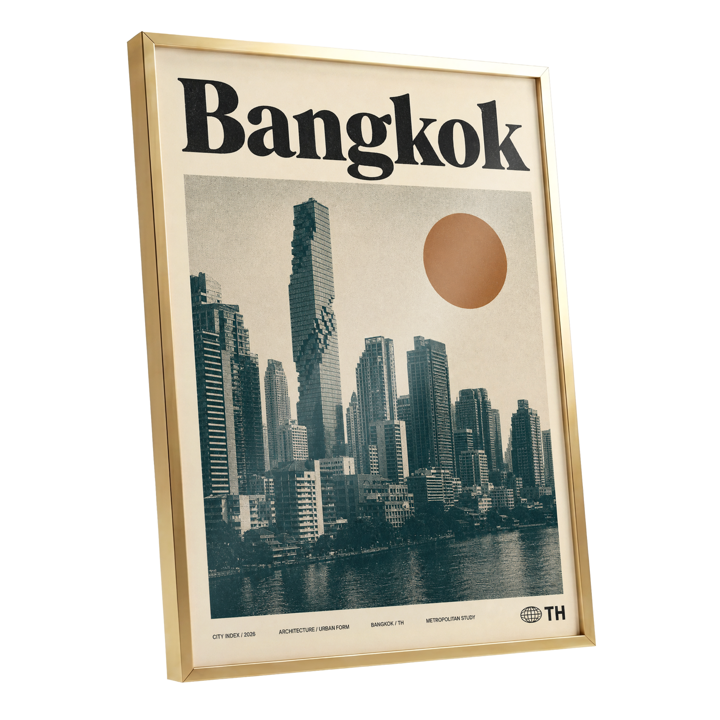 Bangkok Urban Sun, beige, black, brown minimalist wall art shown as a gold framed poster wall art print
