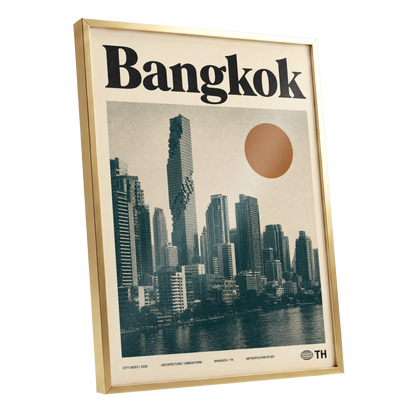 Bangkok Urban Sun, beige, black, brown minimalist wall art shown as a gold framed poster wall art print
