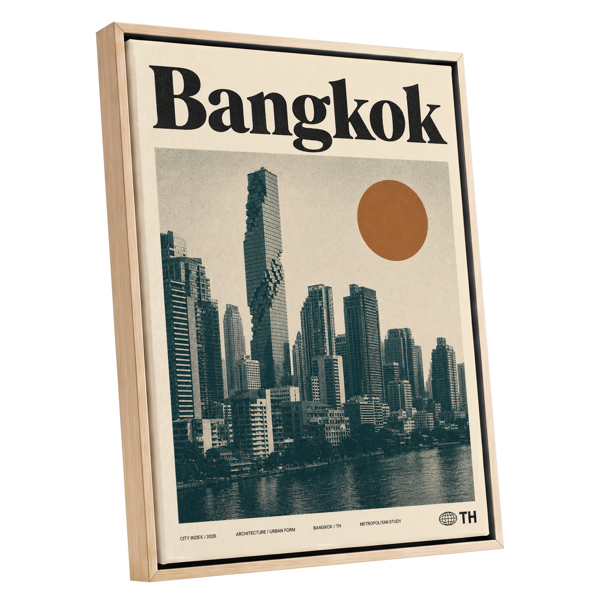 Bangkok Urban Sun, beige, black, brown minimalist wall art shown as a oak framed canvas wall art