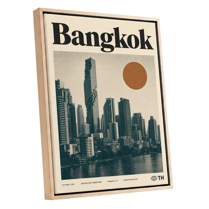 Bangkok Urban Sun, beige, black, brown minimalist wall art shown as a oak framed canvas wall art
