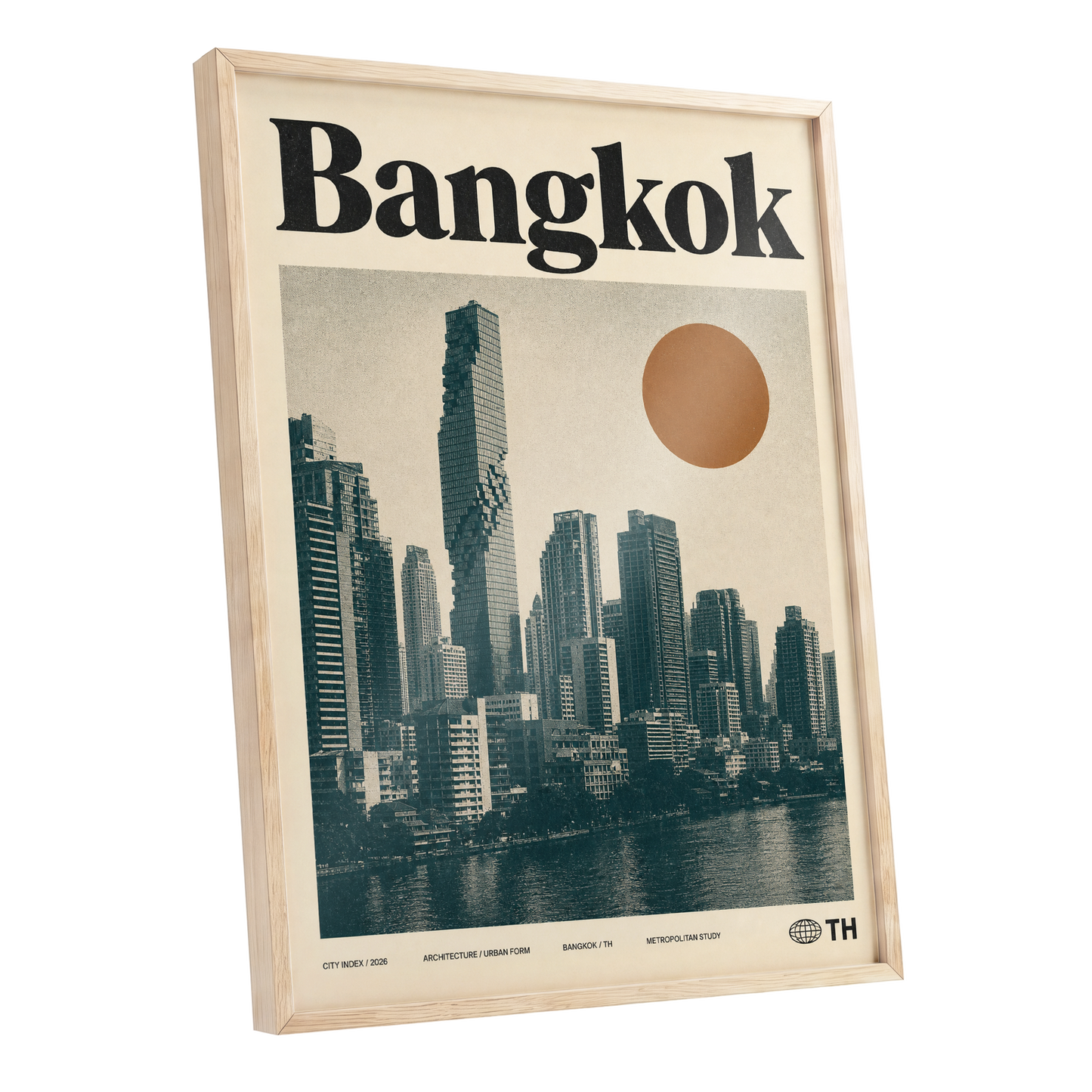 Bangkok Urban Sun, beige, black, brown minimalist wall art shown as a oak framed poster wall art print