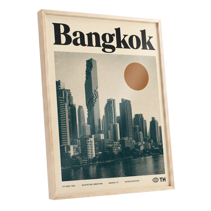 Bangkok Urban Sun, beige, black, brown minimalist wall art shown as a oak framed poster wall art print